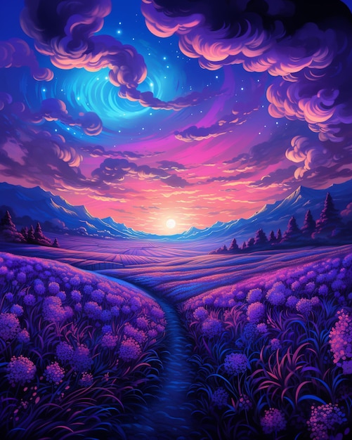 painting of a purple landscape with a stream running through it generative ai