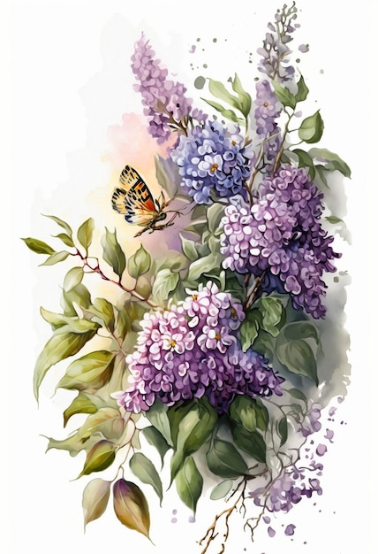 紫色のライラックに蝶が描かれた絵。