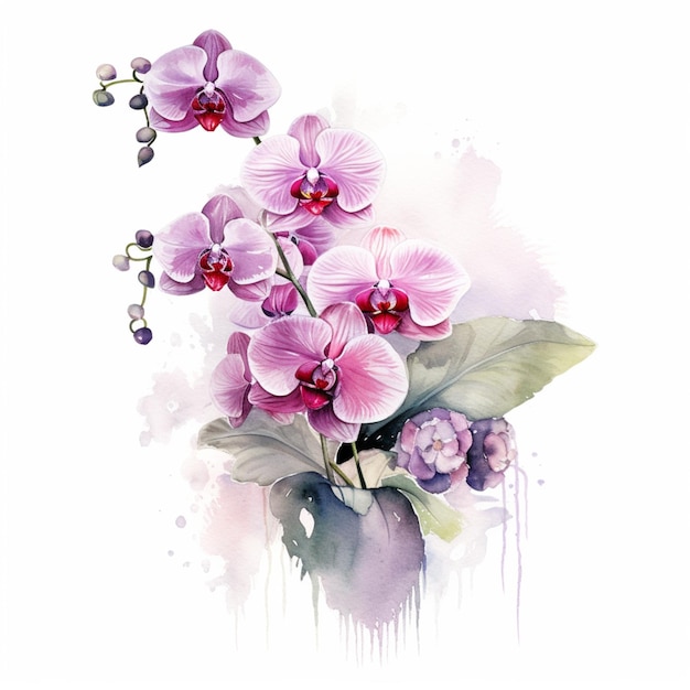 A painting of a purple orchid with blackberries.