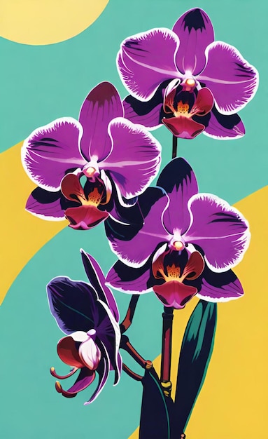 a painting of purple orchids with a yellow background