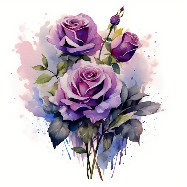 A painting of purple roses with green leaves.