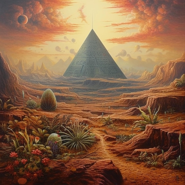 Painting of a pyramid in a desert with a path leading to it generative ai