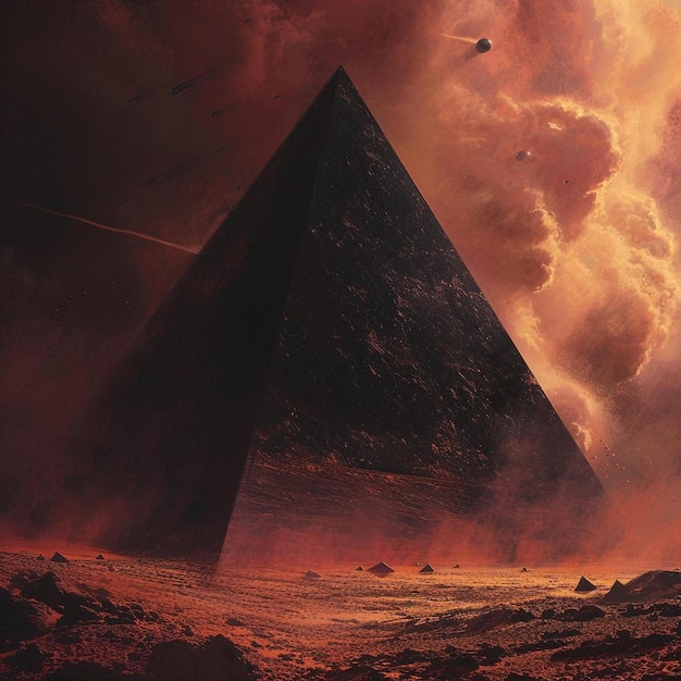 a painting of a pyramid in the desert