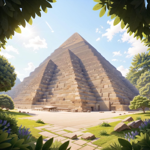 A painting of a pyramid with a blue sky and a tree in the foreground.