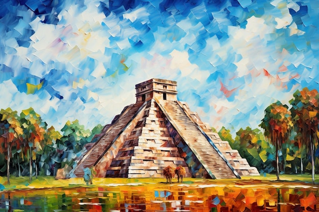 a painting of a pyramid with a lake in the background