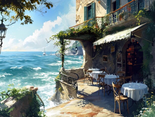 A painting of a quaint seaside cafe overlooking the ocean evoking a sense of calm and beauty