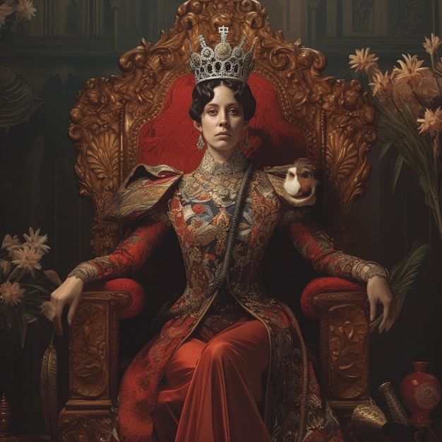 A painting of a queen with a crown on her head sits on a throne