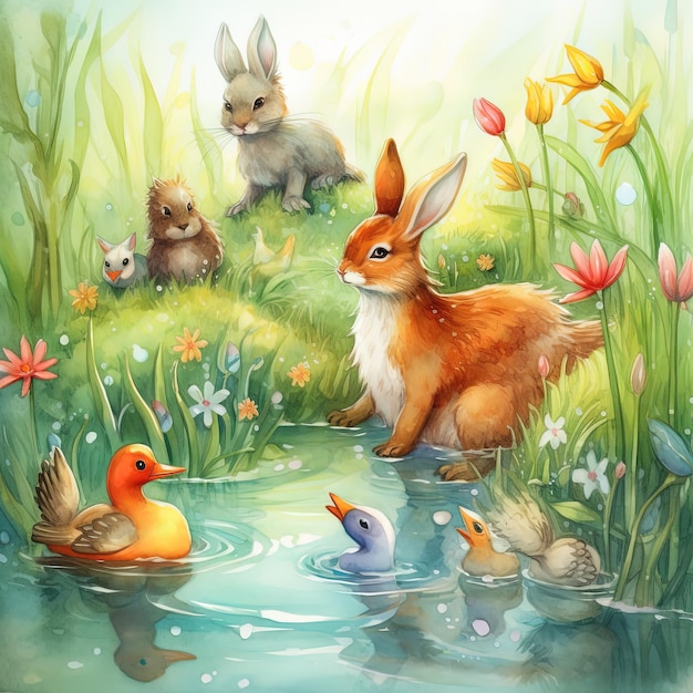 A painting of a rabbit and a duck swimming in a pond.