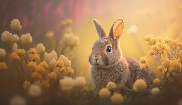 A painting of a rabbit in a field of flowers generative AI