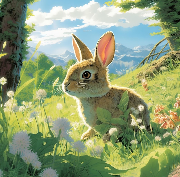 A painting of a rabbit in a field of flowers with mountains in the background