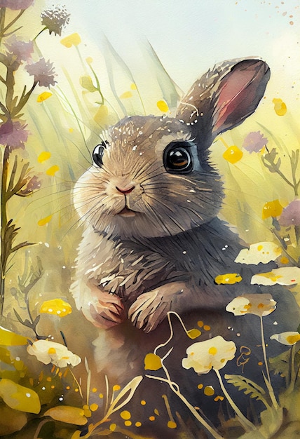 painting of a rabbit in a field of flowers with a sky background generative ai