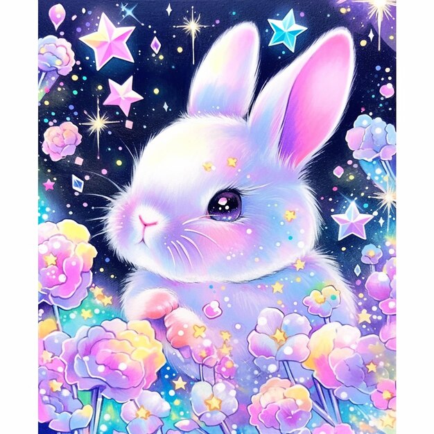 Painting of a rabbit in a field of flowers with stars generative ai