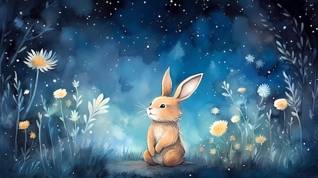 A painting of a rabbit in a field of flowers