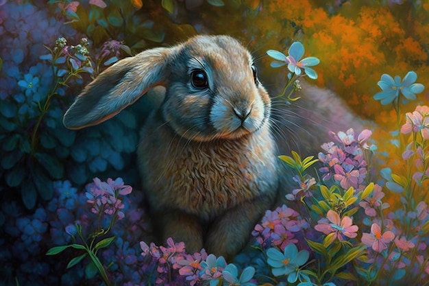 花畑にいるウサギの絵。