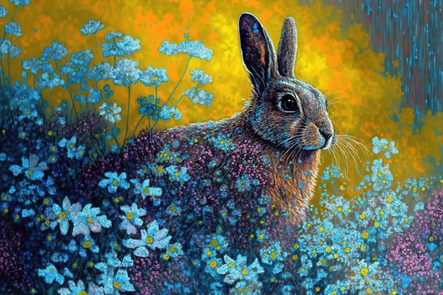 A painting of a rabbit in a field of flowers.