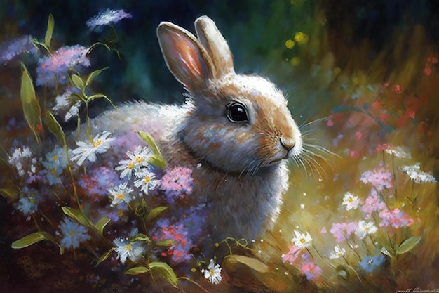 A painting of a rabbit in a field of flowers