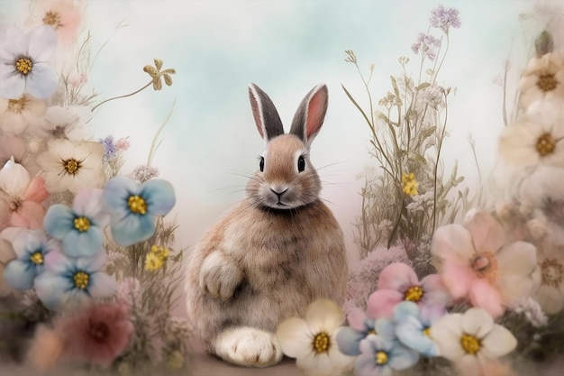 A painting of a rabbit in a field of flowers