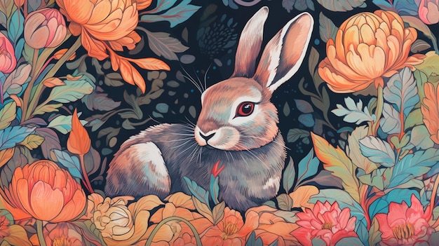 A painting of a rabbit in a garden