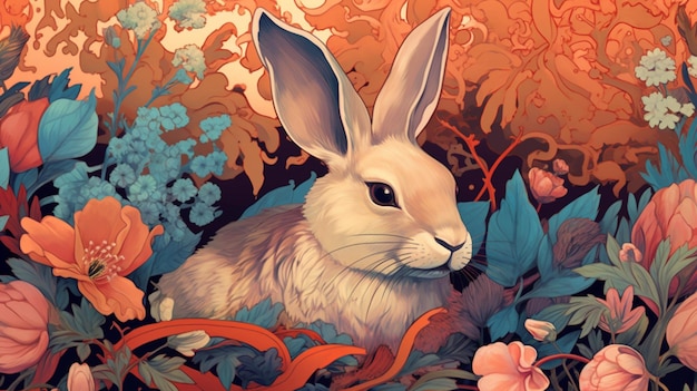 A painting of a rabbit in a garden