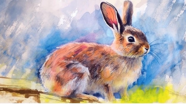 Painting of a rabbit sitting on a branch in a field generative ai