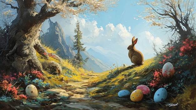 A painting of a rabbit sitting on the side of a hill with eggs ai