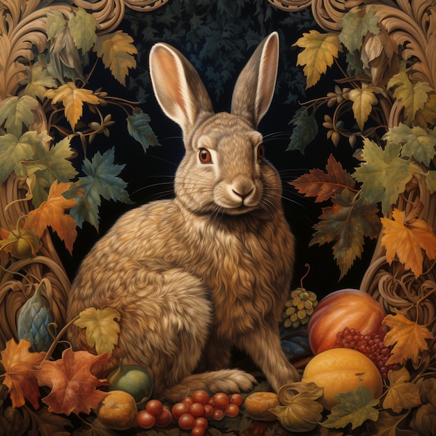 Картина кролика, сидящего в венке осенних листьев