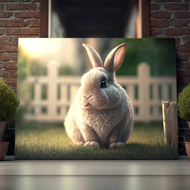 A painting of a rabbit on a table with a white fence in the background.