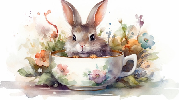 A painting of a rabbit in a teacup