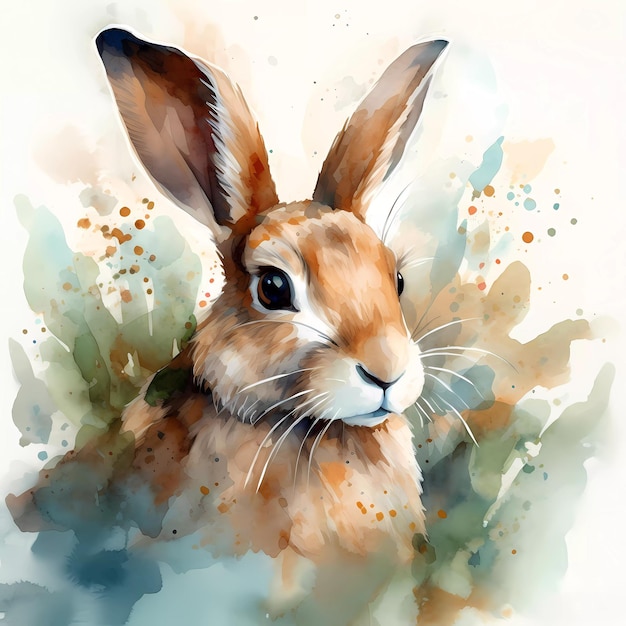 A painting of a rabbit that is painted in watercolor.