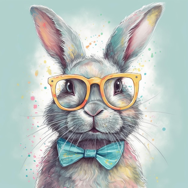 A painting of a rabbit wearing glasses and a bow tie.