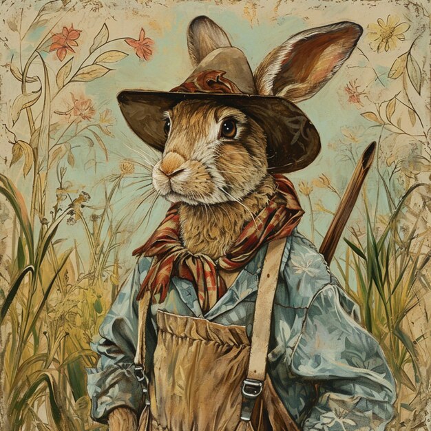 Photo painting of a rabbit wearing a hat and overalls with a stick generative ai