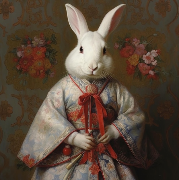 A painting of a rabbit wearing a kimono