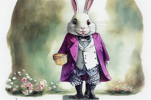 A painting of a rabbit wearing a purple coat and a vest with the words'rabbit'on it.