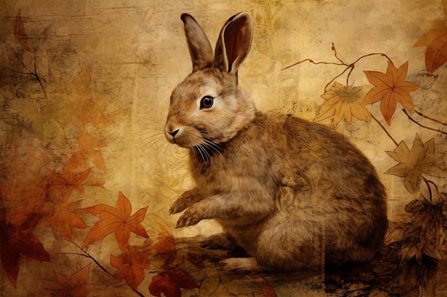 Photo a painting of a rabbit with autumn leaves on it