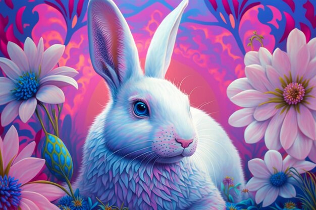 A painting of a rabbit with blue eyes sits in a flowery field