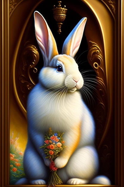 A painting of a rabbit with a bouquet of flowers in it.