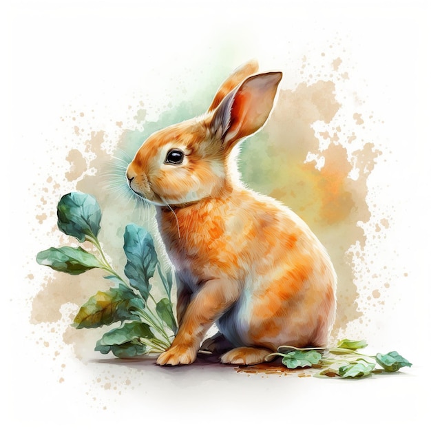 葉っぱとバニーの文字が描かれたウサギの絵