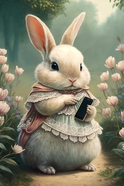 A painting of a rabbit with a phone in his hands