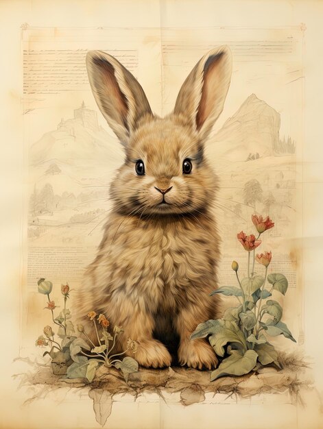 a painting of a rabbit with a picture of a rabbit and flowers.
