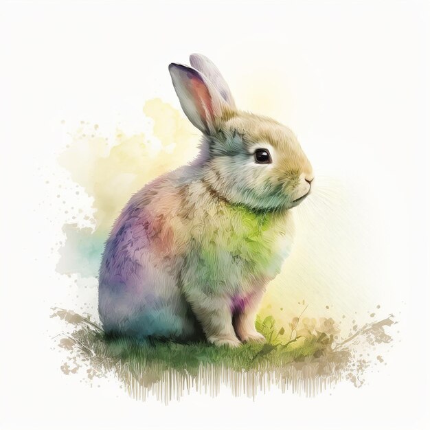 A painting of a rabbit with a rainbow colored face.