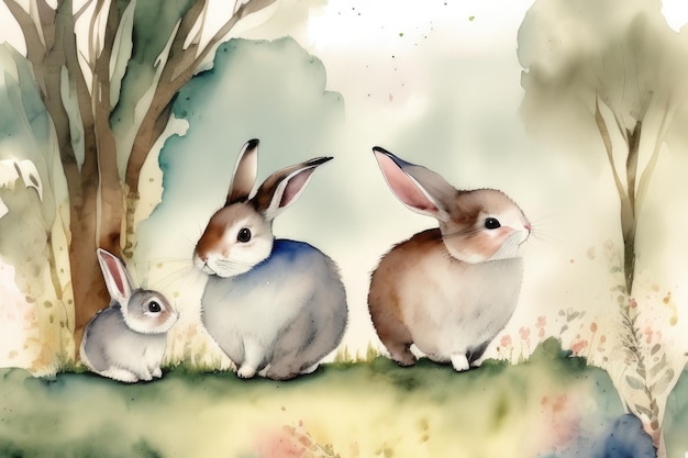 A painting of rabbits in a field