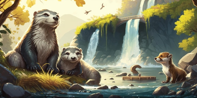 A painting of a raccoon family with a waterfall in the background.