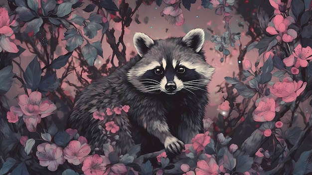 A painting of a raccoon in a flowery forest.