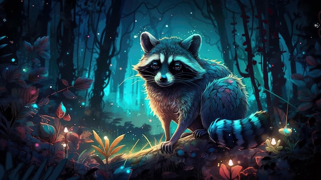 A painting of a raccoon in a forest