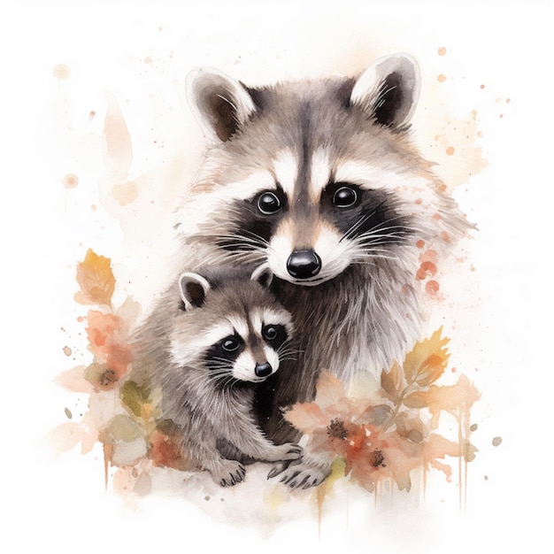 A painting of a raccoon and her cub