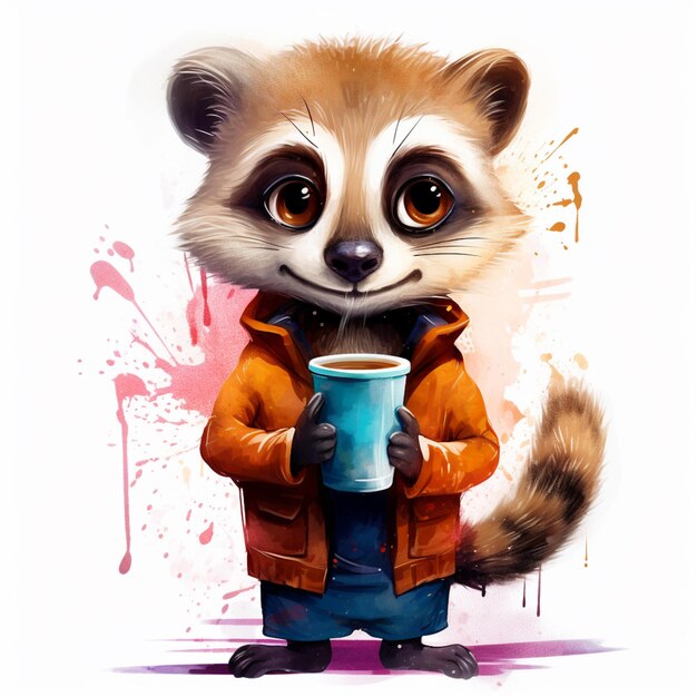 Painting of a raccoon holding a cup of coffee generative ai