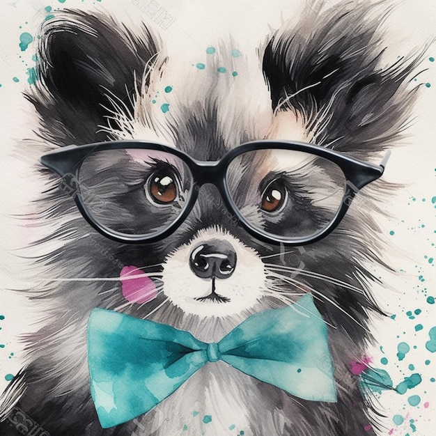 A painting of a raccoon wearing glasses and a bow tie.