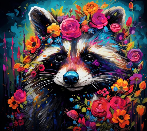 Painting of a raccoon with flowers on its head generative ai