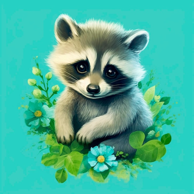 A painting of a raccoon with green leaves and flowers.