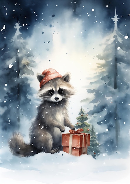 painting of a raccoon with a hat and a gift in the snow generative ai